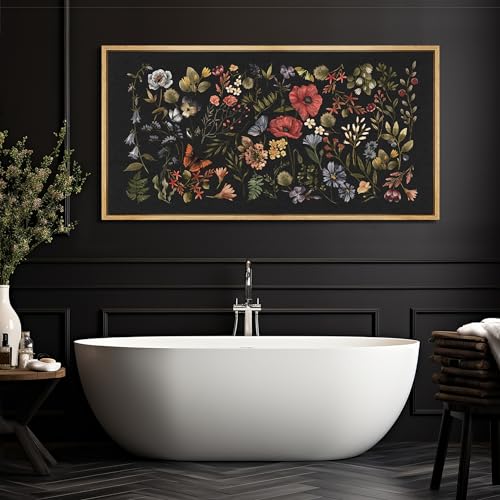 Extra Large Framed Canvas Print Wall Art Midnight Garden Vintage Floral Illustrations Antique Retro Fine Art Illustrations Decorative Colorful for Bedroom