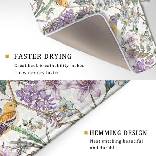 Spring Summer Dish Drying Mat for Kitchen Counter Cute Bird Purple Flower Super Absorbent Reversible Microfiber Kitchen Countertop Protector Dishes Pad Large 18x24 inch