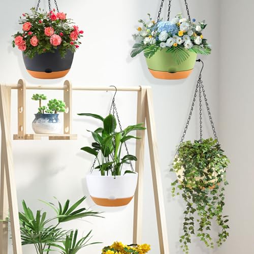 8/10/12 inch Hanging Planters for Indoor Outdoor Plants with Self-Watering Pots, 3 Pack Plastic Hanging Basket with Removable Tray for Home Garden Porch Balcony Patio Decor(White+Black+Green) (3 Count)