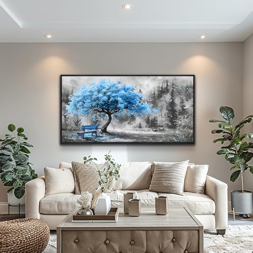 Black Framed Canvas Wall Art For Living Room Wall Decor For Bedroom Office Wall Decoration Blue Tree Landscape Painting Black And White Picture Artwork Room Aesthetic Home Decor 20x40 In