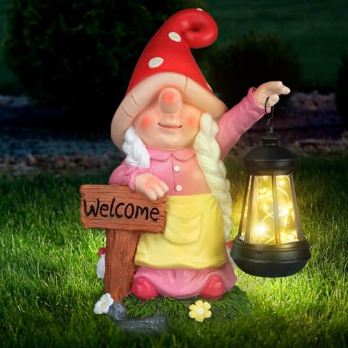 12.4" Solar Garden Gnome Statue with LED Lantern Welcome Sign