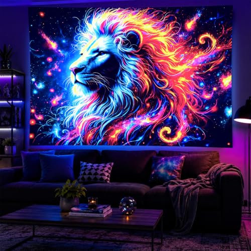 Blacklight Tapestry Lion Galaxy Party Backdrop 78 x 59 Inch