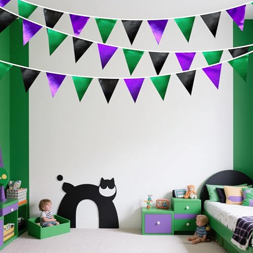 Black Purple Green Party Decorations Metallic Fabric Triangle Pennant Banner Flag Bunting for Boys Men Birthday Graduations Wedding Bachelorette Retirement Video Game Level Up Theme Party Supplies (36 Count)