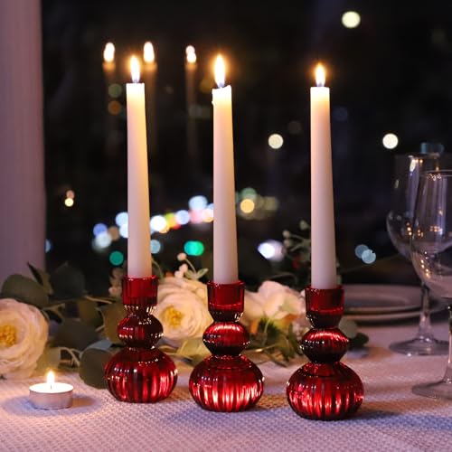 3pcs Red Taper Candle Holders Glass (3 Count)