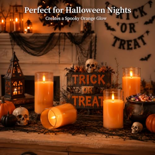 Orange Halloween Glass Flameless LED Pillar Candle with Remote Timer (3 Count)