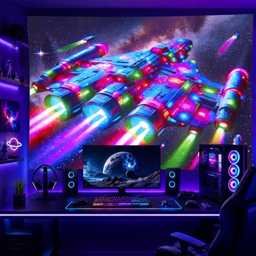 Blacklight Tapestry Spacecraft Galaxy UV Wall Art 78 x 59 Inch