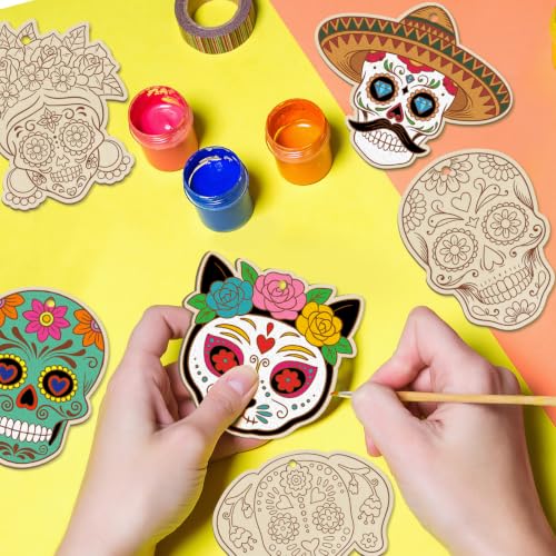 36PCS Wooden Day of The Dead Skull Ornaments to Paint Dia De Los Muertos Decorations Crafts for Kids