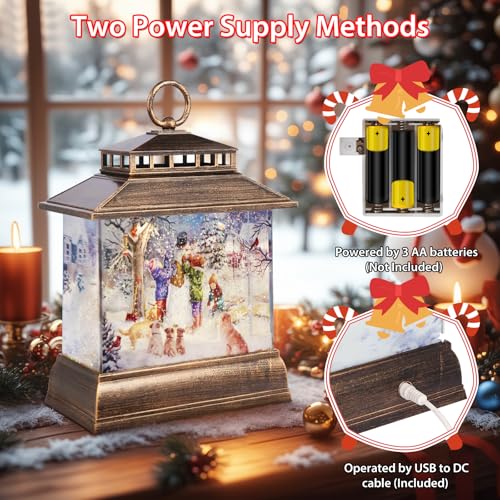 Christmas Snow Globe Lantern Water Glittering Lantern with 8 Songs & 6H Timer Romote Control Christmas Snow Globes USB & Battery Operated for Holiday Festival Decorations Gifts