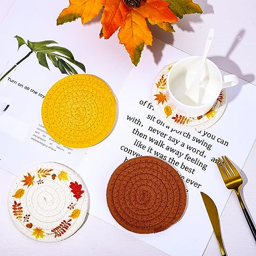 Fall Thanksgiving Coasters Maple Leaves Handmade Braided Cotton Drink Coasters Orange Yellow Non (4 Count)