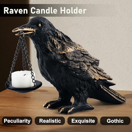 Raven Gothic Home Decor Fake Crow Light Holder Raven Lamp Tealight Candle Holder Resin Raven Statue Wearing Gold 2PCS (2 Count)