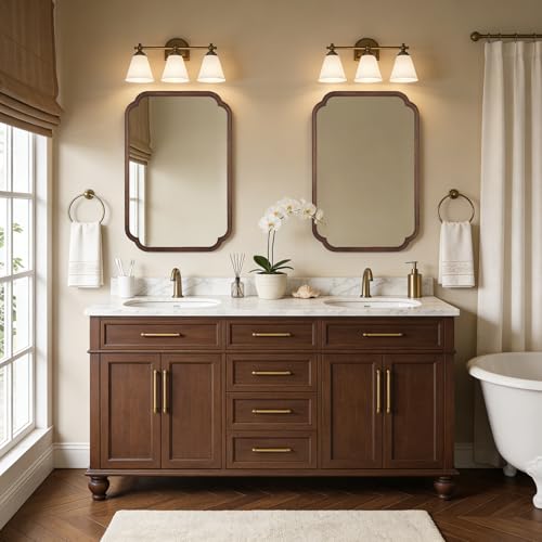 Wood Bathroom Mirror for Wall Mounted with Rounded Corner Wood Frame for Entryway