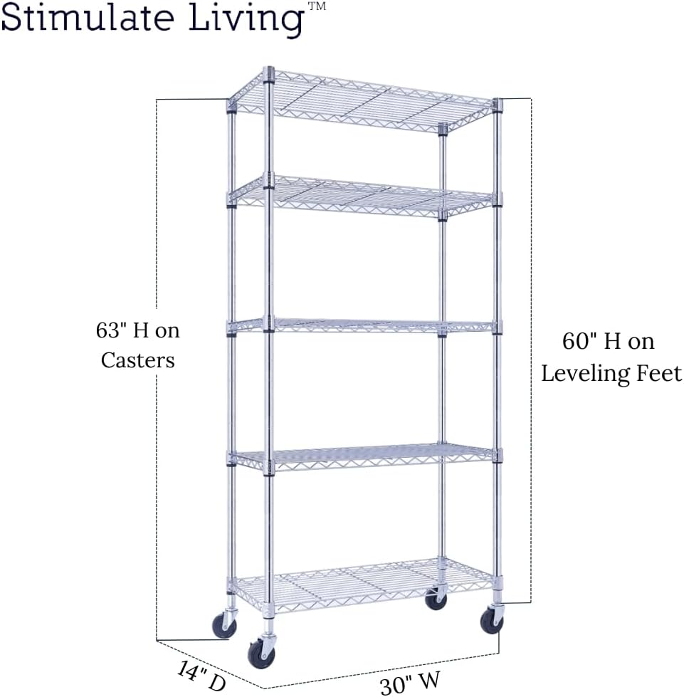 30"x14"x60" PRIME HEAVY DUTY Chrome 5-Tier Wire Shelving 1,750 LBS MAX Capacity Storage Rack for Commercial, School, Home, Garage, Warehouse, Industrial, and Hospital Uses (with Wheels) - NestledHome