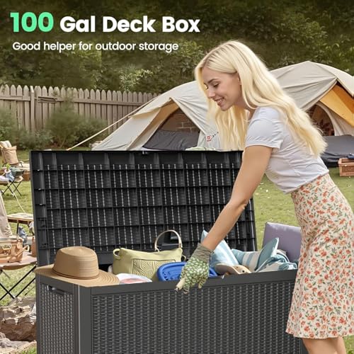 100 Gallon Outdoor Storage Box Waterproof Lockable Deck Box for Patio Black (426.8106 Ounce)