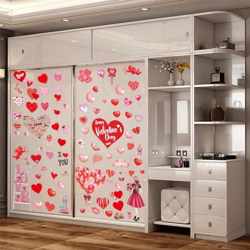 Valentine's Day Hearts Window Clings for Glass Window 7 Sheets 127 Pcs Happy Valentines Day Heart Window Stickers Decals Decorations Party Supplies for Wedding Anniversary Valentines (127 Count)