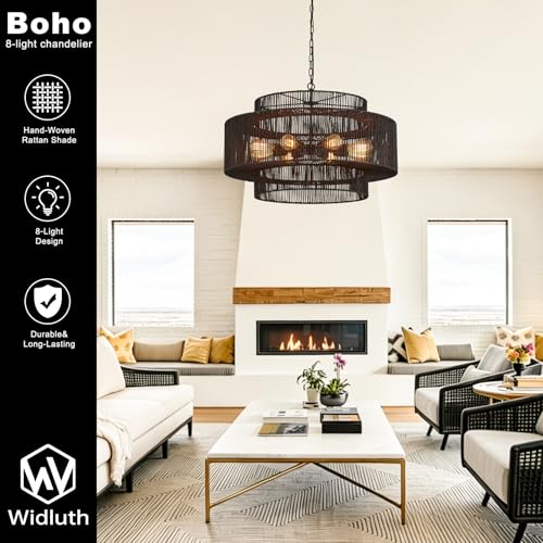 30" Large Black Rattan Chandelier (8 Count)