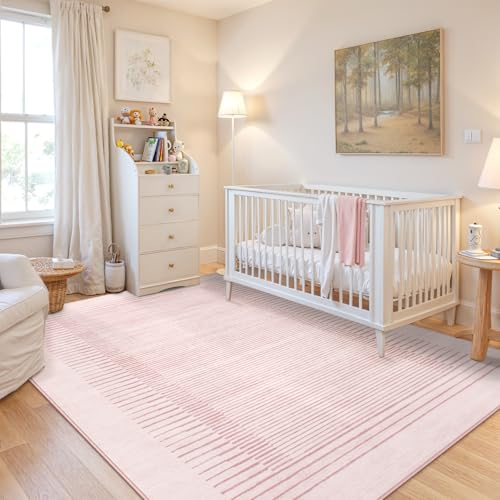 Washable Pink Striped Rug for Bedroom 8x10