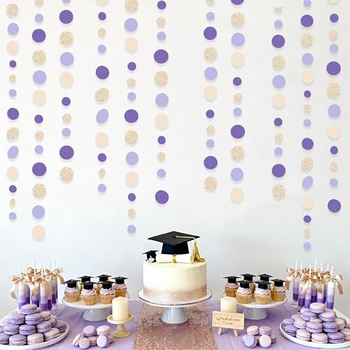 Champagne Gold Purple Cream Nude Polka Dots Garland Lavender Hanging Paper Circle Dot Streamer for Birthday Wedding Shower Engagement Bridal Shower Lilac Violet Theme Party Decorations Supplies