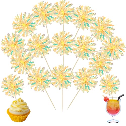 30Pcs Foil Firework Cupcake Toppers Sparkle Tinsel Drink Birthday Cake Decorations Cocktail Food Fruit Toothpick for New Years Wedding Birthday Party Decorations Yellow (30 Count)