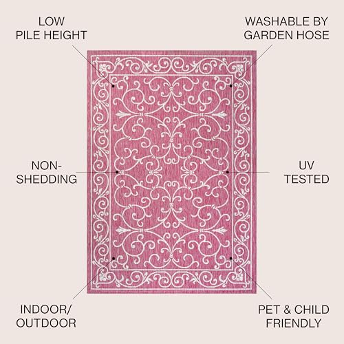 Vintage Filigree Indoor Outdoor Square Area Rug 5X5 Fuchsia
