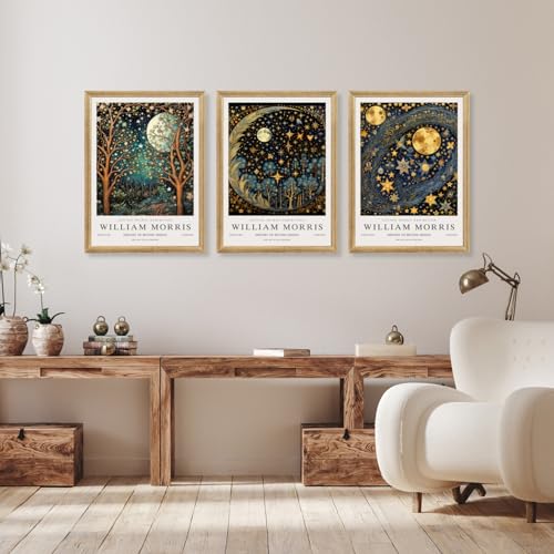 Wood Framed William Morris Moon Star Wall Art Set of 3
