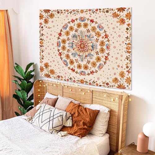 Boho Floral Mandala Tapestry Wall Hanging Watercolor Bohemian Flower Medallion Tapestry Aesthetic Beige Orange Hippie Indian Small Tapestries for Bedroom Living Room Dorm Decor 48 x 36 Inch