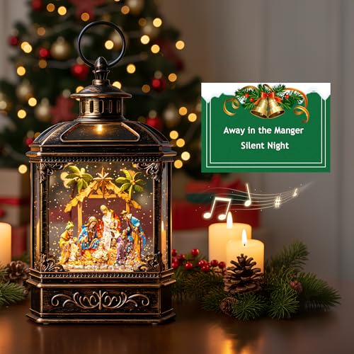 Christmas Snow Globe Swirling Glittering Nativity Scene with Music
