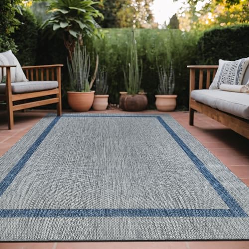 Bordered Outdoor Rug 5x7 Washable Outside Carpet for Indoor Patio Porch Waterproof Easy Cleaning Non Shedding Area Rugs Silver Gray