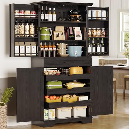 72" Farmhouse Kitchen Pantry Cabinet with Sliding Storage Rack