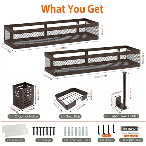 5-in-1 16.5" Extra Long Slim Wall Mount Wrapped Mesh Kitchen Organizer & Shower Caddy Kit, with Paper Towel Holder, Utensil Holder, Soap Dish, Holds 50LBS - Vintage Bronze, Netting