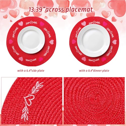 4 Pcs Round Valentine's Day Red Pink Placemats Embroidered Place Mats Love Heart Table Mat Decorative Dinner Table Mats for Home Wedding Anniversary Party Decor (4 Count)