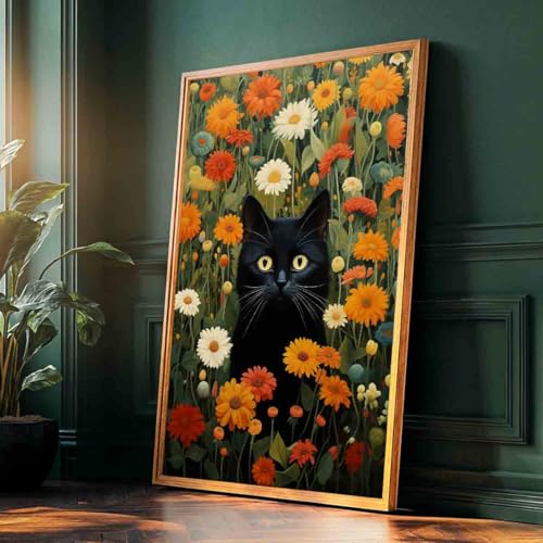 Black Cat Wall Art Colorful Flower Pictures Funny Cat Painting Green Plant Pictures Colorful Wildflowers Wall Art Cute Animals Floral Picture Aesthetic Living Room Decor 16x24inch No Frame