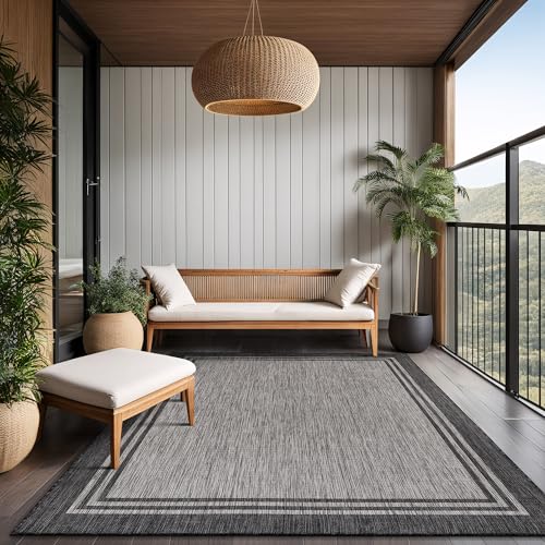 Bordered Outdoor Rug 8x10 Washable Outside Carpet for Indoor Patio Porch Waterproof Easy Cleaning Non Shedding Area Rugs Dark Gray 8 x 10