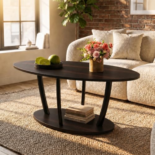 Oval Coffee Table with Shelf for Living Room