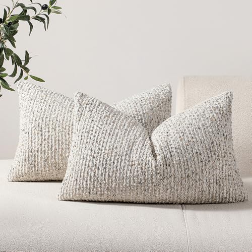 Striped Throw Pillow Covers 12x20 Set of 2 Cream Grey Textured Boucle Chic Morden Boho Accent Farmhouse Rectangular Lumbar Decorative Couch Pillow Covers for Home Decor Bed Sofa Living Room (2 Count)