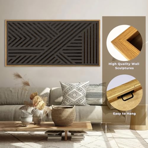 Extra Large Wood Black Wall Art 20x40 Inch Framed Abstract Geometric Wooden Wall Decor Modern Minimalist Neutral Wall Sculpture for Living room Bedroom Dining room Single