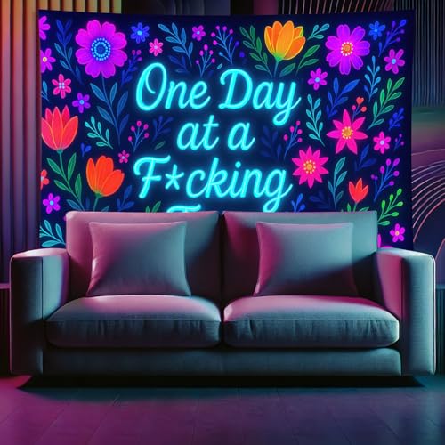 Neon Flowers Blacklight Tapestry UV Reactive Wall Hanging One Day at a F*cking Time for Bedroom Dorm Living Room Glowing Motivational Decor Fluorescent Trippy Poster 78 x 59 Inch