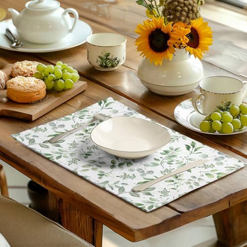 Sage Green Eucalyptus Leaves Placemats Set of 4 Spring Summer Watercolor Leaf Table Mats 12x18 Inch Seasonal Holiday Rustic Farmhouse Linen Fabric Place Mat for Kitchen Dining Decor (4 Count)