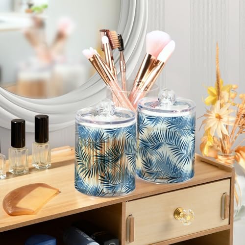 2 Pack Qtip Holder Organizer Dispenser Blue Tropical Leaves Bathroom Storage Canister Cotton Ball Holder Container for Cotton Pads (2 Count)
