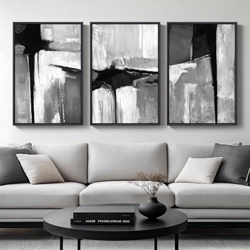 Large Framed Black and White Gray Abstract Wall Art Set (3 Count)