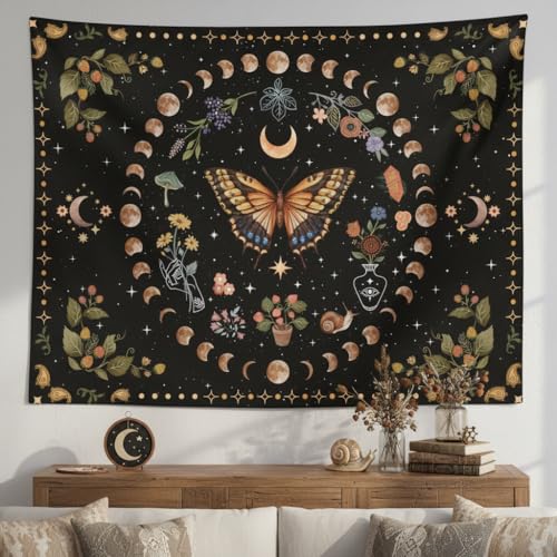 Yellow Butterfly Moon Flower Tapestry Botanical Floral Plant Boho Tapestry for Bedroom Aesthetic Vintage Tapestries Wall Hanging for Living Room Dorm