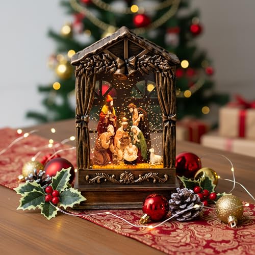 Three Kings Three Saints Window Christmas Snow Globe Swirling Glittering Nativity Figurines Manger Scene