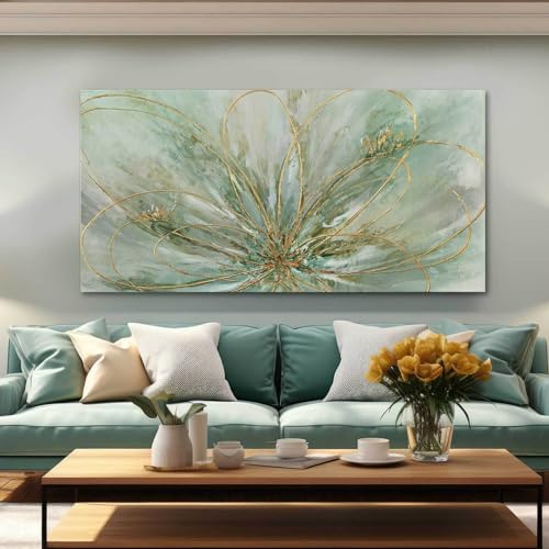 Green Flowers Canvas Wall Art Modern Paintings with Gold Foil Abstract Nature Wall Decorations for Home Office Living Room Bedroom 24" x 48"