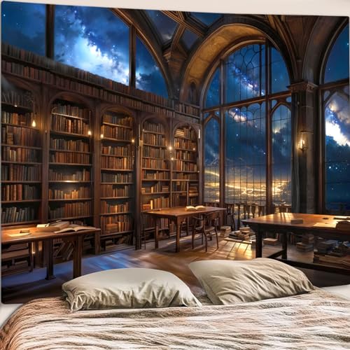 Gothic Library Tapestry Vintage Medieval Bookshelf Tapestries Wall Hanging Fantasy Space Academia Book Large Tapestry for Bedroom Living Room Dorm Classroom 80 x 60 inch