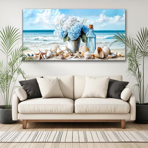 Romantic Beach Wall Art for Living Room Blue Shells Conch Vase Canvas Prints Modern Large Flower Bottle Bedroom Ocean Artwork Decor