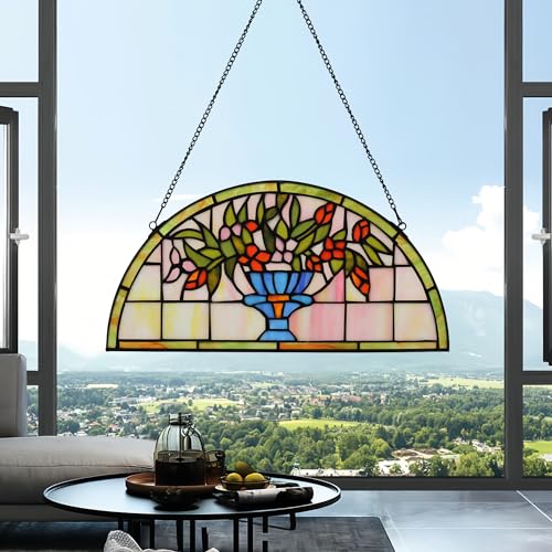Half Moon Stained Glass Window Hanging Tiffany Style 16" x 8" Half