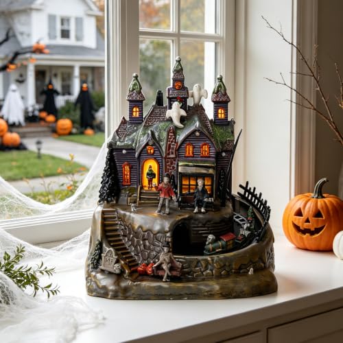 Halloween Village Animated Lighted Haunted House with Moving Train