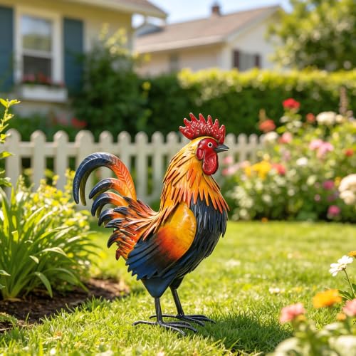 Rooster Garden Statue Sculpture Metal Chicken Yard Decor Outdoor Figurines Patio Backyard Decoration