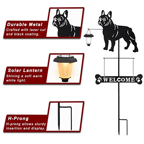 Solar French Bulldog Dog Breed Silhouette Welcome Sign with a Lantern