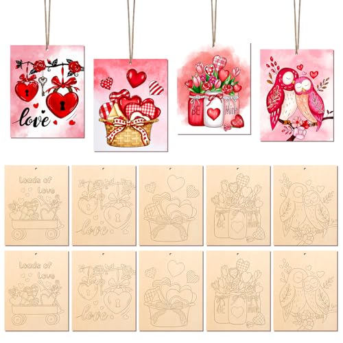 10 Pieces Large Valentines Day Unfinished Wood Crafts to Paint for Adults