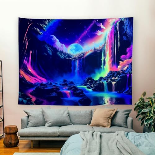 Blacklight Rainbow Waterfall Tapestry 79"x59" UV Reactive Trippy Wall Hanging Rainbow Aesthetic Waterfall Wall Posters Bedroom Spiritual Room Decor